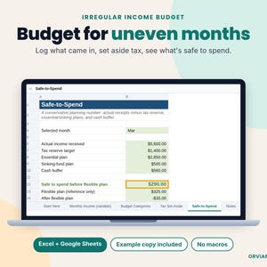 May include: A digital spreadsheet displayed on a laptop screen titled Irregular Income Budget, Budget for uneven months. The interface shows a Safe-to-Spend table with columns for categories and dollar amounts, including buttons for Excel + Google Sheets.