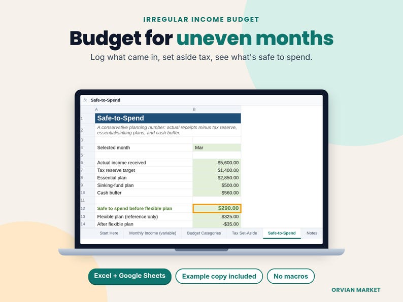 Safe to spend summary tab on a laptop showing example monthly numbers