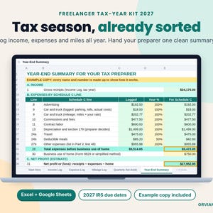 May include: A digital spreadsheet displayed on a laptop screen titled Freelancer Tax-Year Kit 2027. The interface shows a Year-End Summary for a tax preparer with columns for income, expenses, and net profit calculations in US dollars.