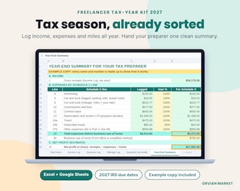 May include: A digital spreadsheet displayed on a laptop screen titled Freelancer Tax-Year Kit 2027. The interface shows a Year-End Summary for a tax preparer with columns for income, expenses, and net profit calculations in US dollars.