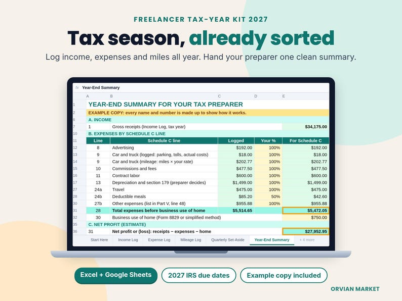 Year-end summary tab of a freelancer tax tracker spreadsheet on a laptop, with example income, Schedule C expenses and net profit