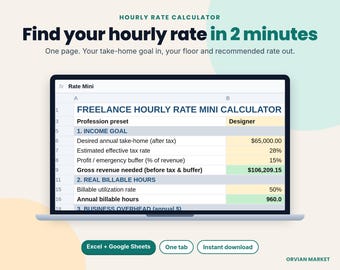 May include: A laptop screen displaying an hourly rate calculator spreadsheet. The text reads: Hourly Rate Calculator, Find your hourly rate in 2 minutes, Freelance Hourly Rate Mini Calculator, Income Goal, Real Billable Hours, and Orvian Market.