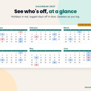 2027 calendar months with federal holidays shaded red and example days off shaded blue
