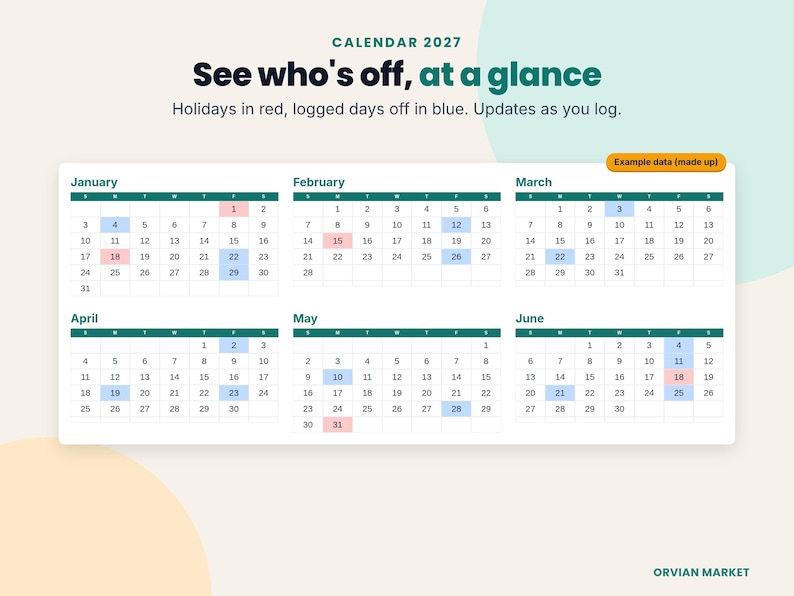 2027 calendar months with federal holidays shaded red and example days off shaded blue