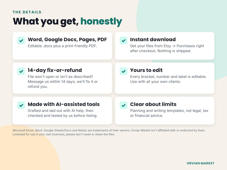 Formats, instant download, 14-day fix-or-refund promise and AI-assisted disclosure