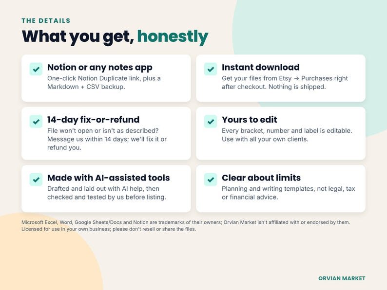 May include: An informational graphic titled The Details What you get, honestly. It features six white rectangular boxes with teal checkmarks, listing digital product features including Notion compatibility, instant download, and editing rights.