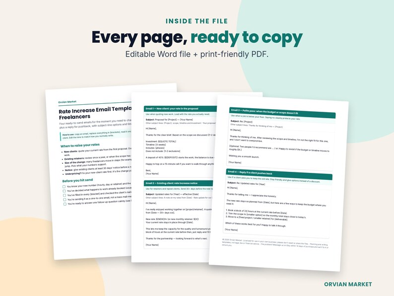 Three pages of the rate increase email templates document