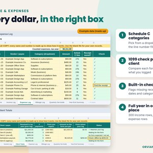 Expense log with Schedule C categories and a client totals tab comparing 1099 amounts, filled with example data