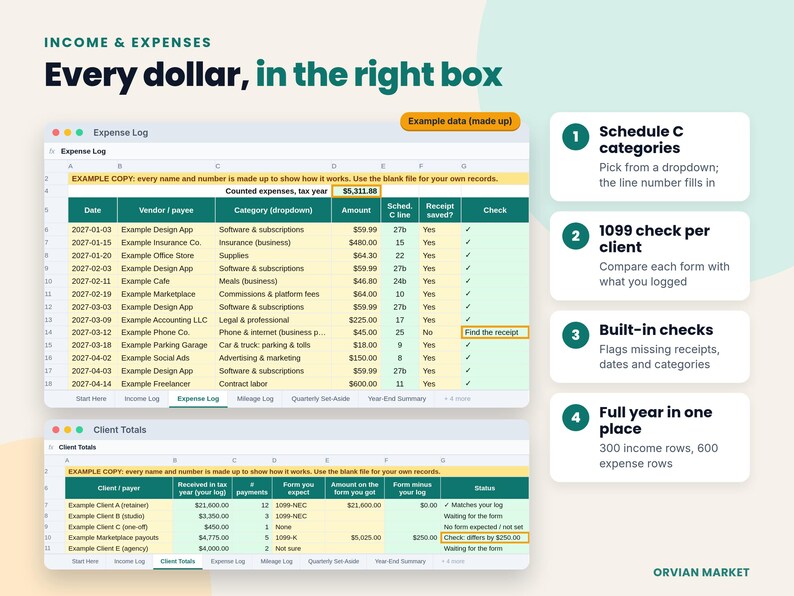 Expense log with Schedule C categories and a client totals tab comparing 1099 amounts, filled with example data