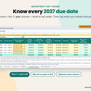 Quarterly set-aside tracker with 2027 IRS estimated tax due dates and example amounts moved and paid