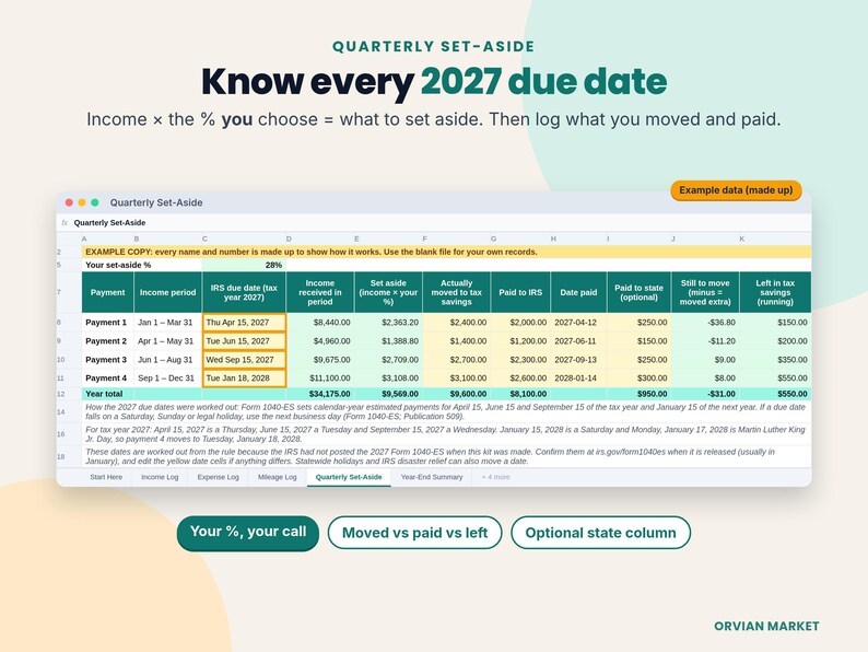 Quarterly set-aside tracker with 2027 IRS estimated tax due dates and example amounts moved and paid