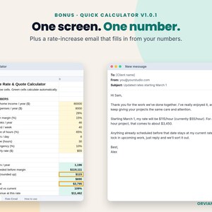 Bonus quick calculator tab and auto-filled rate increase email tab side by side