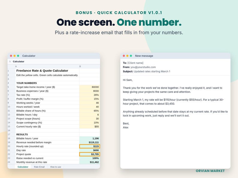 Bonus quick calculator tab and auto-filled rate increase email tab side by side