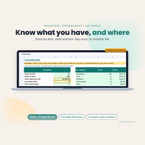 Inventory Spreadsheet with QR Code Labels, Small Business Stock Tracker, Check In Check Out Log, Reorder List, Purchase Order, Google Sheets