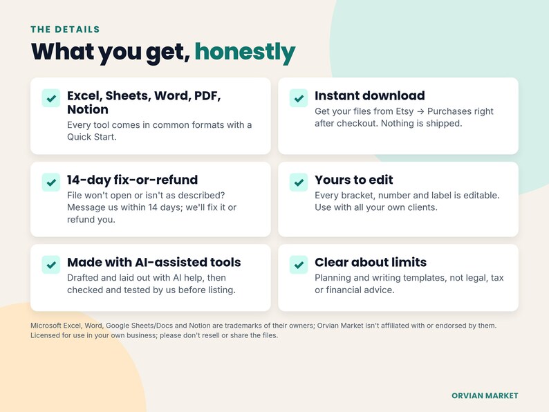 Formats, instant download, 14-day fix-or-refund promise and AI-assisted disclosure