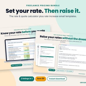May include: A digital freelance pricing bundle featuring a rate calculator and email templates. The text reads: Set your rate. Then raise it. Know your rate before you quote. Raise your rates without the dread. Includes Excel, Google Sheets, Word, and PDF files.