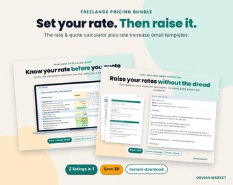 May include: A digital freelance pricing bundle featuring a rate calculator and email templates. The text reads: Set your rate. Then raise it. Know your rate before you quote. Raise your rates without the dread. Includes Excel, Google Sheets, Word, and PDF files.