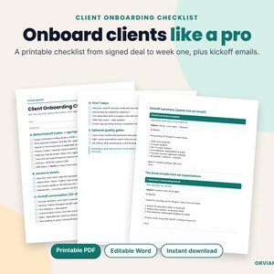 May include: A client onboarding checklist document featuring sections for before kickoff, access and assets, kickoff conversation, first 7 days, and quality gates, plus email templates. The text includes Client Onboarding Checklist and Onboard clients like a pro.