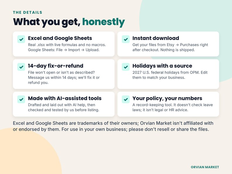 Compatibility, instant download, 14-day fix-or-refund promise, holiday source and AI-assisted disclosure