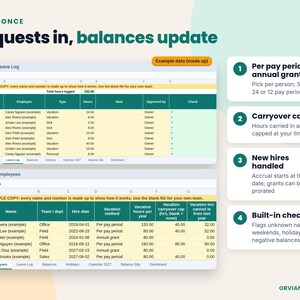 Leave log and employee policy tabs filled with example data, with accrual method and carryover cap per person