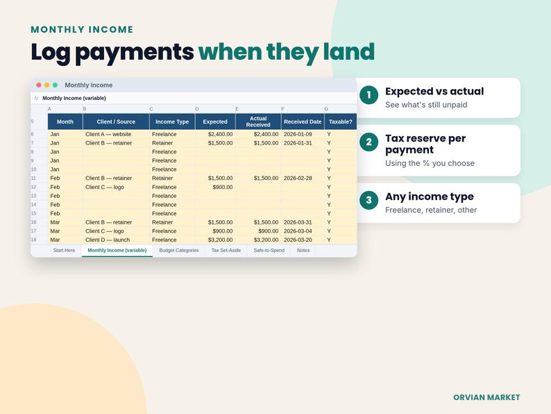 Monthly income tab with example payments from clients