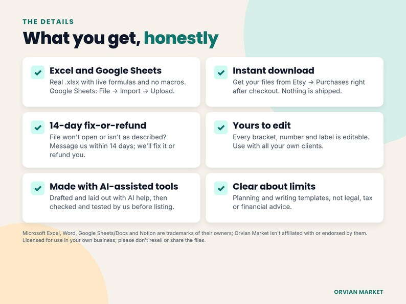 Compatibility, instant download, 14-day fix-or-refund promise and AI-assisted disclosure