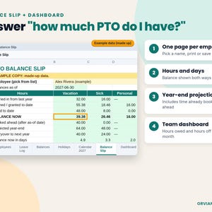 Printable employee PTO balance slip with example vacation, sick and personal hours