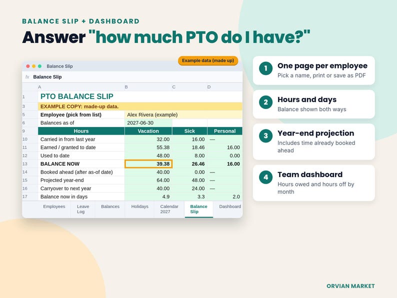 Printable employee PTO balance slip with example vacation, sick and personal hours