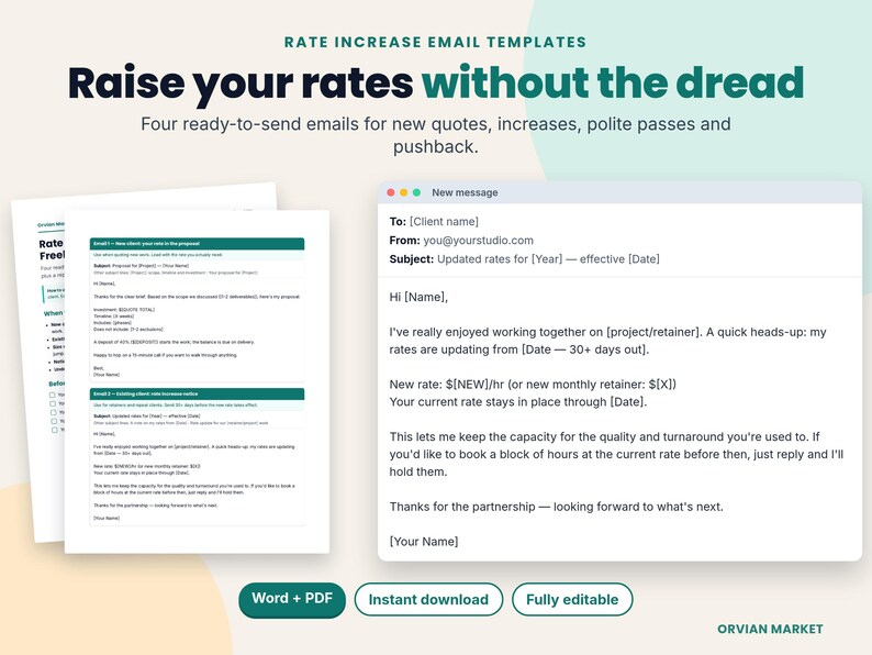 Rate increase email open in a mail window beside the printable template pages