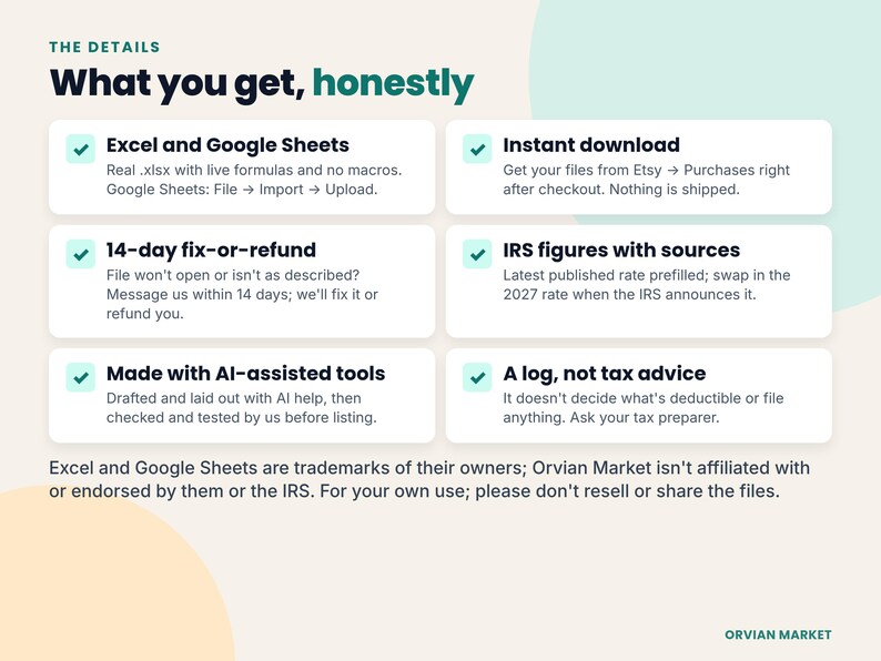 Compatibility, instant download, 14-day fix-or-refund promise, IRS sources and AI-assisted disclosure
