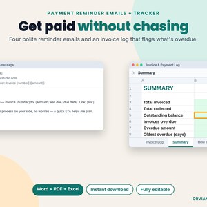 May include: A digital template for payment reminder emails and an invoice tracker. The graphic displays a sample email message and an invoice summary spreadsheet with columns for total invoiced, collected, and outstanding balance amounts.