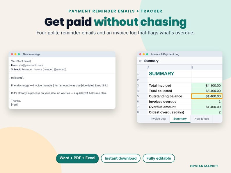 Friendly payment reminder email beside an invoice log spreadsheet