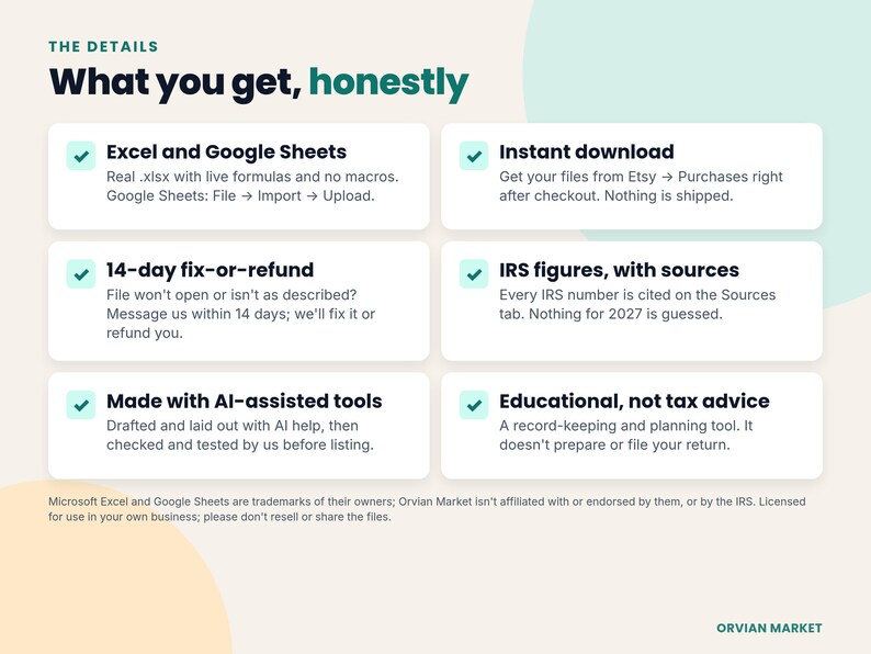 Compatibility, instant download, 14-day fix-or-refund promise, IRS sources and AI-assisted disclosure