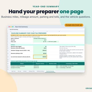 Year-end summary for a tax preparer with example business miles, standard mileage amount and vehicle questions