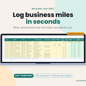Trip log tab of a mileage log spreadsheet on a laptop, with example trips, business miles and mileage amounts