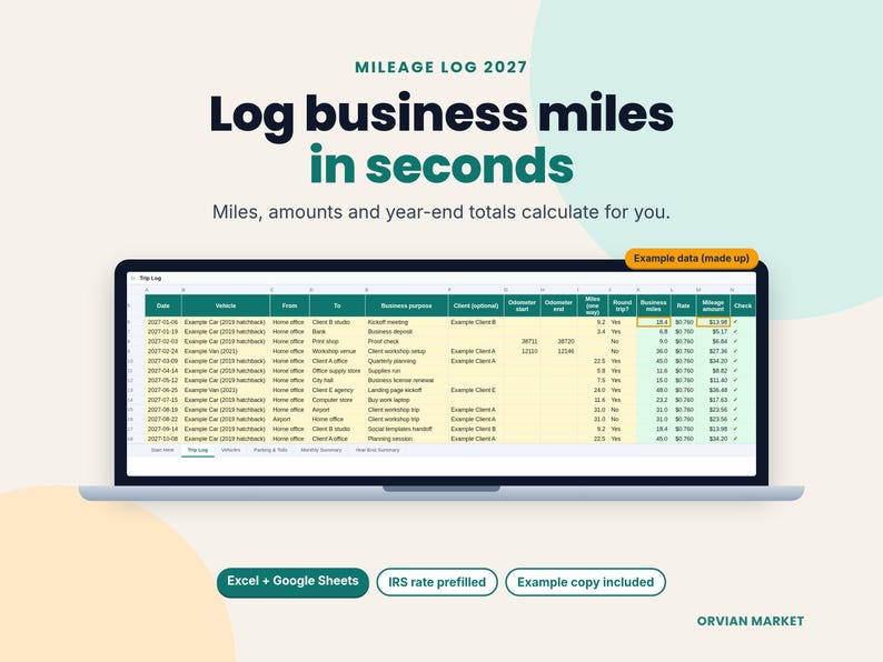 Trip log tab of a mileage log spreadsheet on a laptop, with example trips, business miles and mileage amounts