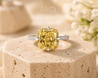 Canary Yellow Cushion Cut Sterling Silver Ring | Solitaire Statement Engagement Band