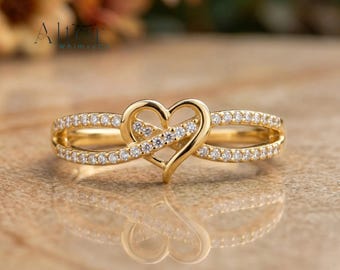 Anillo Corazón Infinito / Anillo de Promesa de Boda de Doble Banda Oro Plata Circonita