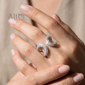 Può includere: Un anello argentato dal design curvo, incastonato con piccole pietre scintillanti. L'anello è indossato su una mano con unghie curate. Il nome del marchio "Alter Whimsy Co" è visibile in alto a sinistra.