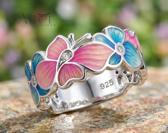 Anillo de mariposa esmaltado / Plata de ley, alas rosas y azules, detalles de circonitas cúbicas, tallas 6-10