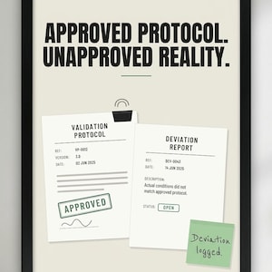 Op de afbeelding: Een ingelijste poster met de tekst APPROVED PROTOCOL. UNAPPROVED REALITY. Het toont twee documenten: een validatieprotocol met een goedgekeurde stempel en een afwijkingsrapport met een open status, plus een groen briefje met Deviation logged.