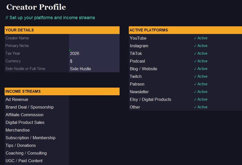 Content Creator Income Tracker Excel Spreadsheet | Dark Theme | Youtube ...