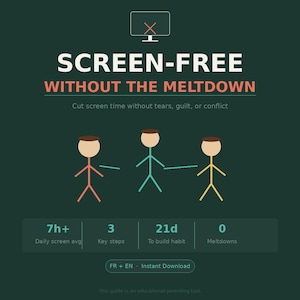 May include: A teal graphic with the text "SCREEN-FREE WITHOUT THE MELTDOWN" and stick figures. The image includes the text "Cut screen time without tears, guilt, or conflict." It also shows "7h+ Daily screen avg", "3 Key steps", "21d To build habit", and "0 Meltdowns."