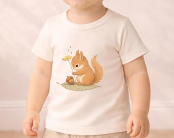 幼児用森の動物Tシャツ、リスTシャツ、綿製リス幼児用シャツ、森の動物誕生日プレゼントTシャツ、リス誕生日衣装