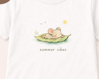 Maglietta estiva minimalista per bambini, maglietta con topolino fluttuante in cotone biologico, abbigliamento neutro per bambini, completo stile boutique per bambini dai 2 ai 5 anni.