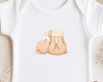 Biologische romper beer Lunelle, neutrale babyoutfit, minimaal babyrompertje, schattige babykleding, beer kraamcadeau