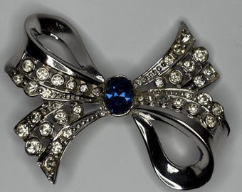 Signed Coro Silver Tone Bow Brooch, Sapphire Blue Oval Rhinestone Ribbon Pin