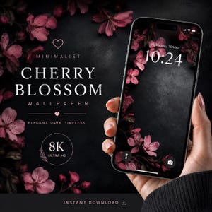 Puede incluir: Un smartphone muestra un fondo de pantalla de flores de cerezo rosas sobre un fondo oscuro. La pantalla del teléfono muestra la hora 10:24 el miércoles 15 de mayo. La imagen incluye el texto "CHERRY BLOSSOM WALLPAPER" y "8K ULTRA HD".