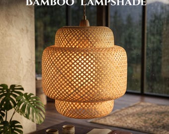 Boho Japandi Bamboo Pendant Lampshade Handwoven Ceiling Light Shade 37cm Natural Eco Friendly Decor