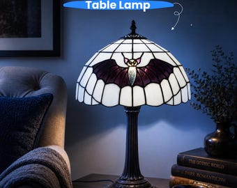 Zwarte vleermuis gebrandschilderd glas tafellamp, gotische bedlamp, klassiek leeslampje, Halloween-huisdecor, accentlamp in Tiffany-stijl